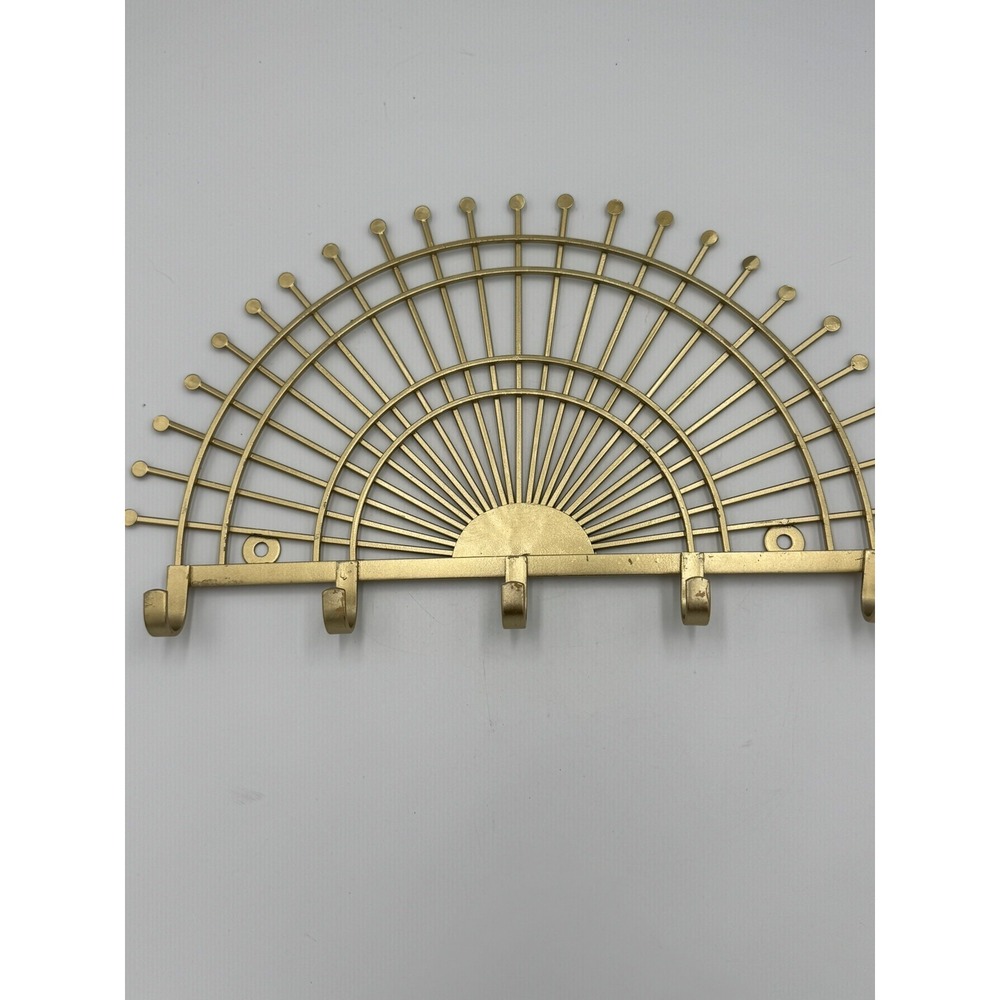 Modern Sun Ray Fan Gold Tone Metal wall mounted hooks 15"